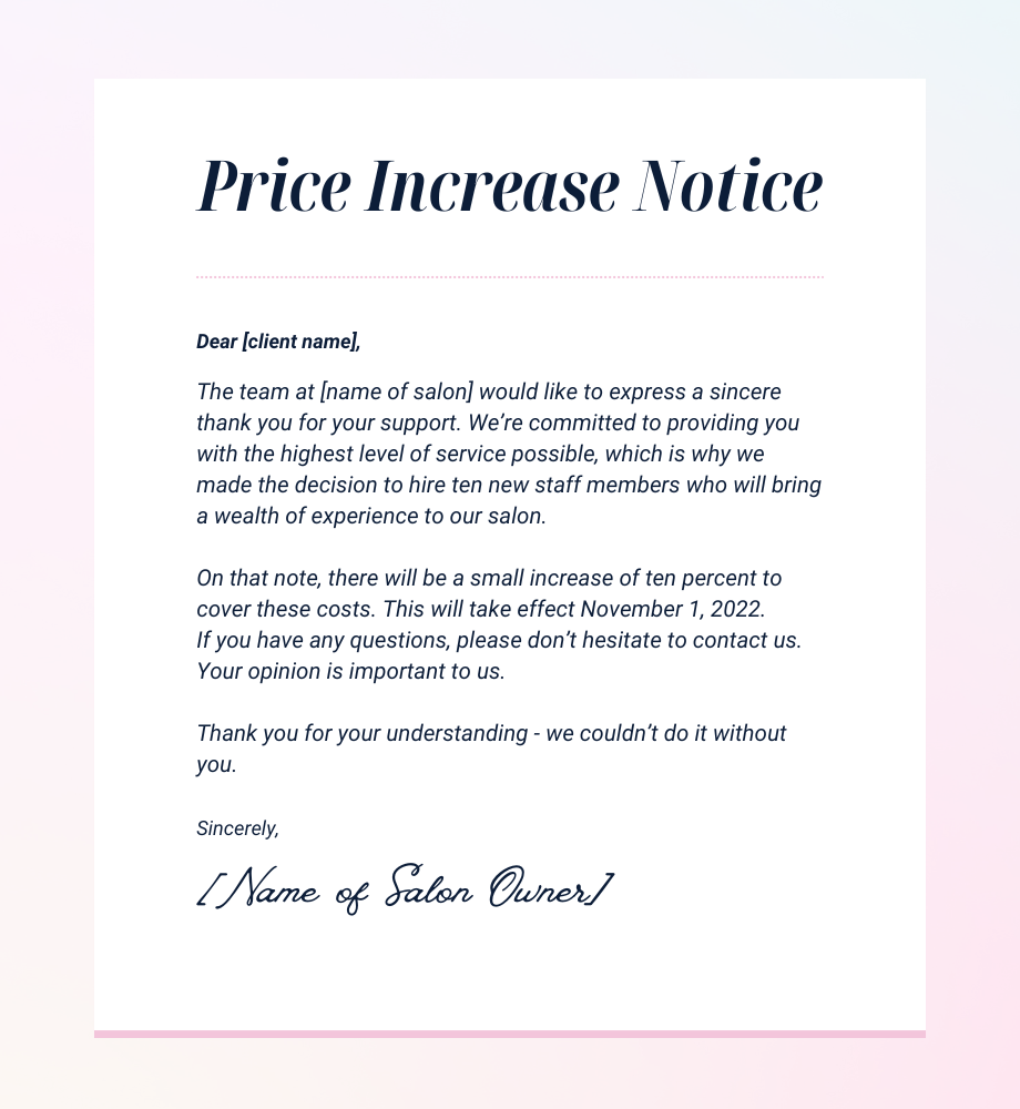Salon price increase notice letter 